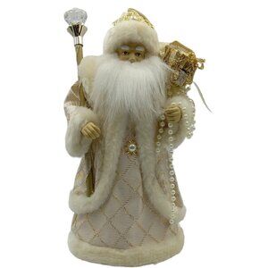 Elegant Gold, Ivory & Pearls Santa Claus Figurine With Crystal Staff & Gift Bag